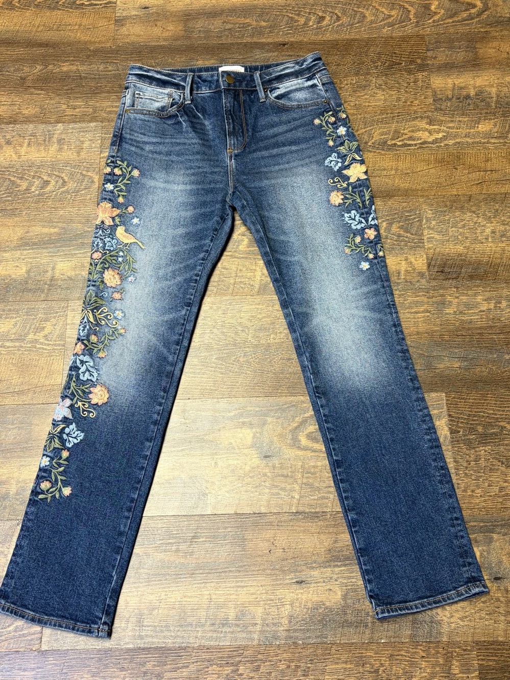 Driftwood Audrey High Rise Embroidered Floral Jeans Womens 27x29 Blue Stretch